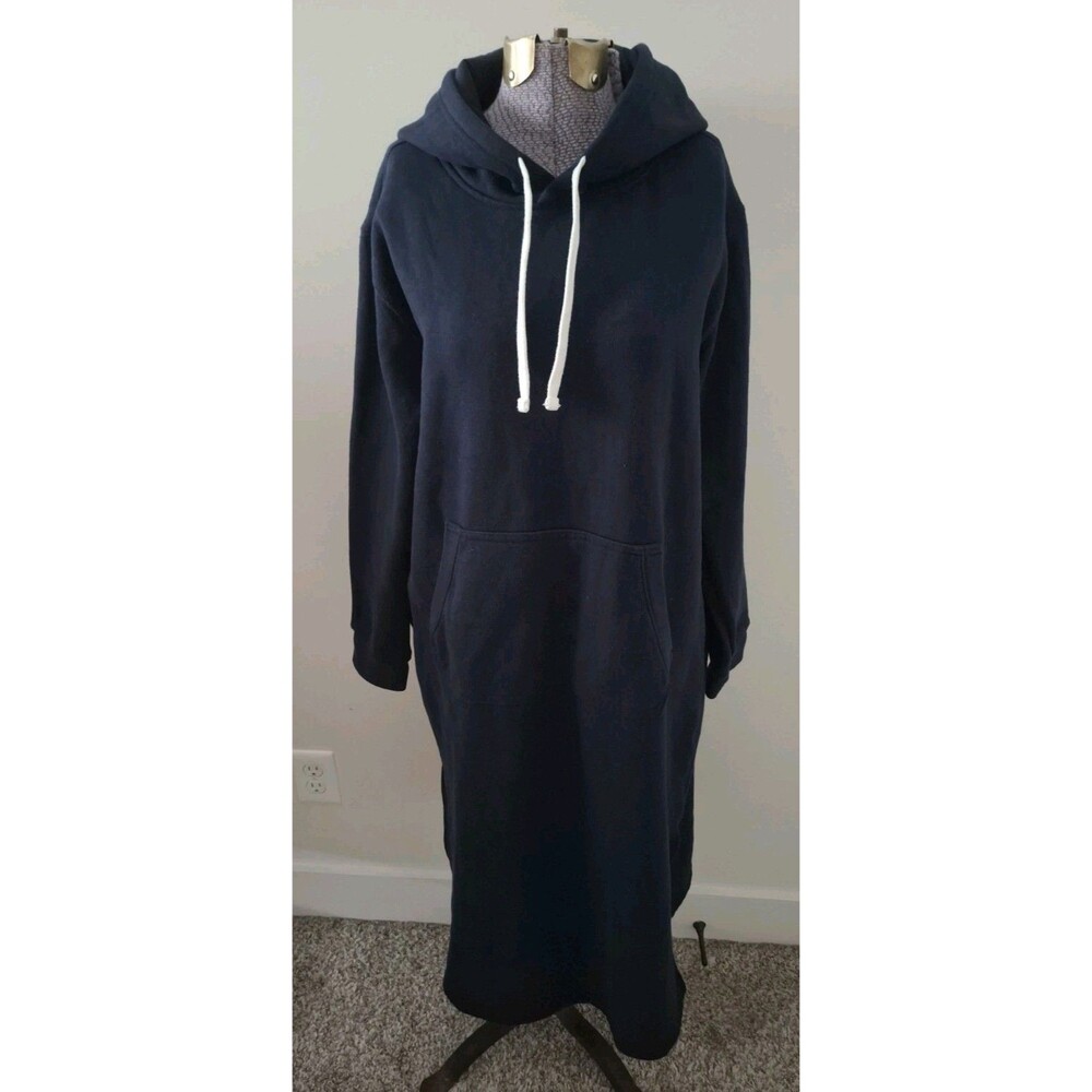 Lands' End Hoodie Sweatshirt Dress Women's Sz M Navy Long Fleece Kangaroo Pocket